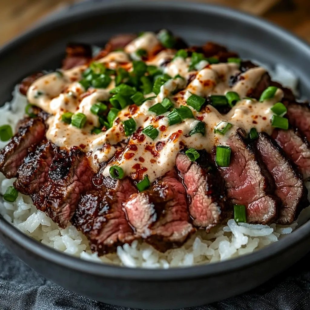 Korean BBQ Steak Rice Bowls with Spicy Cream Sauce